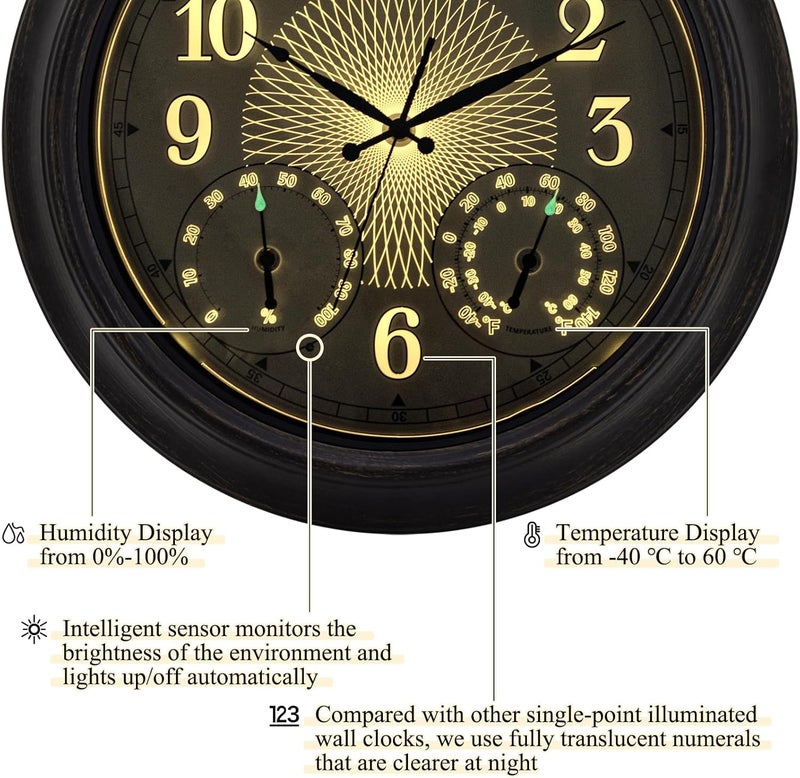 NESIFEE 18 Inch Illuminated Indoor Outdoor Clock Waterproof with Thermometer Hygrometer Smart Sensor Large Black Metal Wall Clocks Battery Operated for Patio, Garden, Living Room, Bedroom, Pool, Porch - Image 3